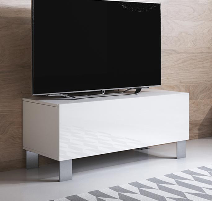Acheter votre meuble télé contemporain laqué blanc, pied chromé chez  Simeuble