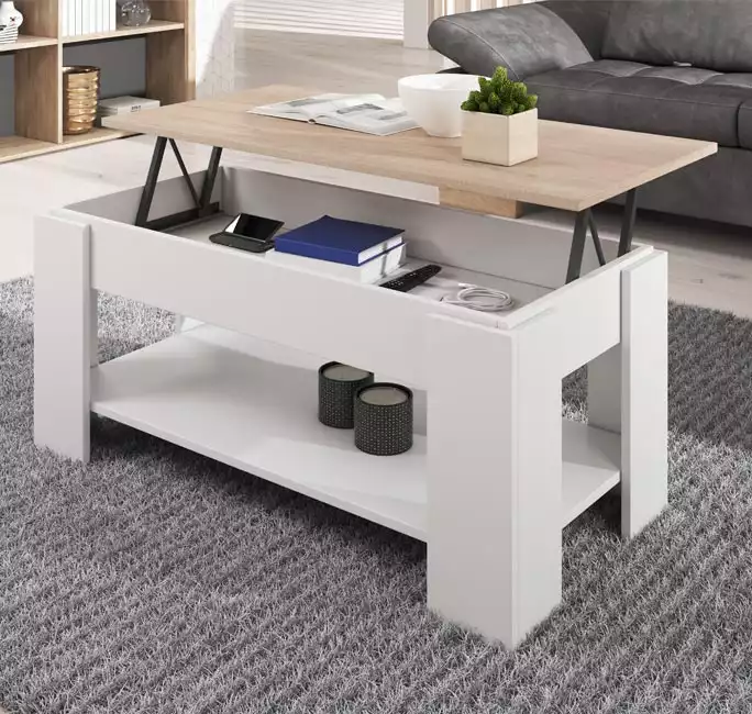 Table basse relevable Nicoleta blanc et sonoma